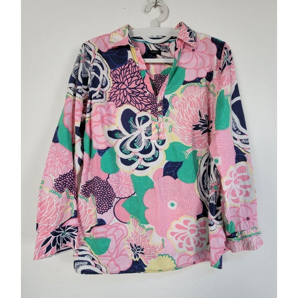 Talbots Woman Petites Size XP Long Sleeve Cotton Popover Tunic Top Pink Green